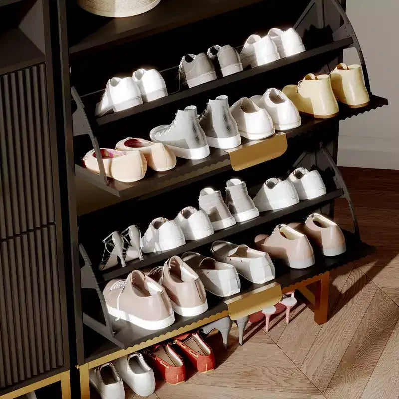 Meuble à chaussures avec 2 tiroirs basculants et étagère ouverte | Poignées dorées, Panneau cannelé