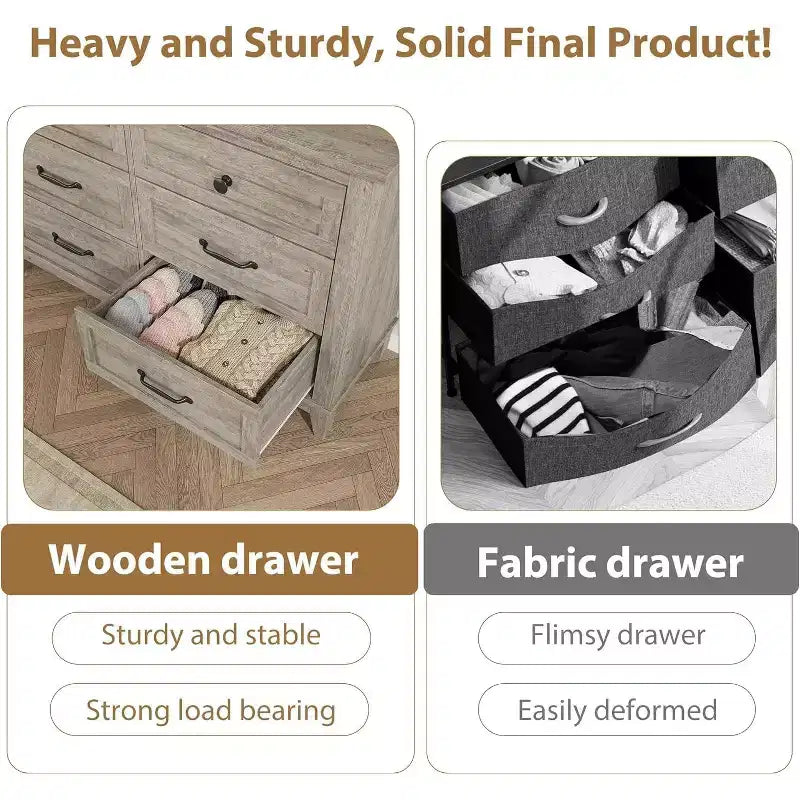 Commode autonome en bois à 6 tiroirs de 119 cm de large | Meuble de rangement pour placard