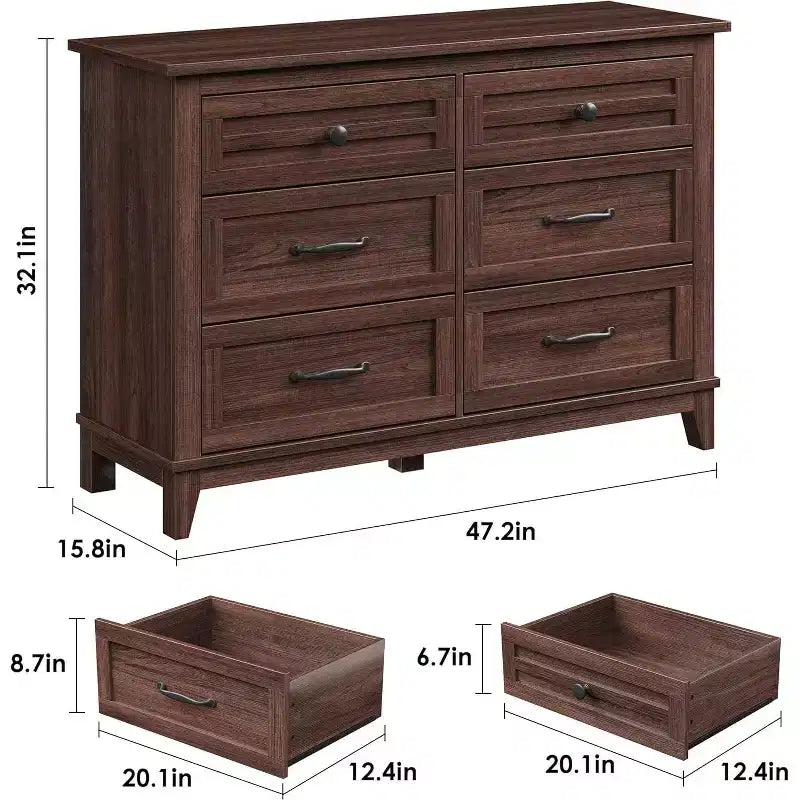 Commode autonome en bois à 6 tiroirs de 119 cm de large | Meuble de rangement pour placard