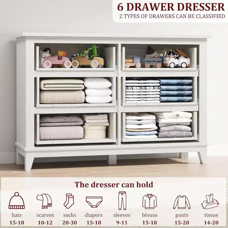 Commode autonome en bois à 6 tiroirs de 119 cm de large | Meuble de rangement pour placard