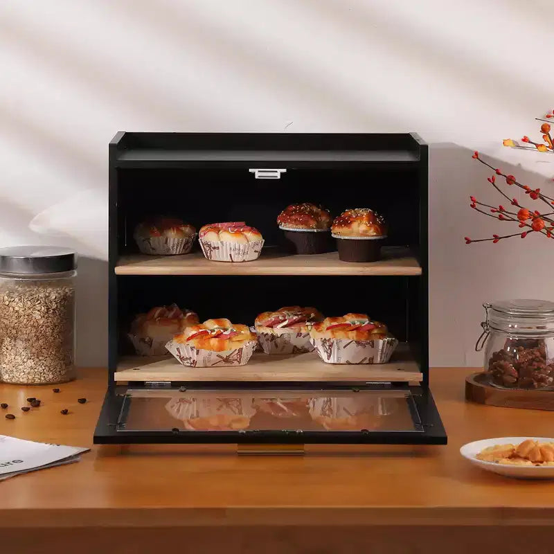 Boîte à pain double couche en bambou avec fenêtre | Rangement de pain pour comptoir de cuisine