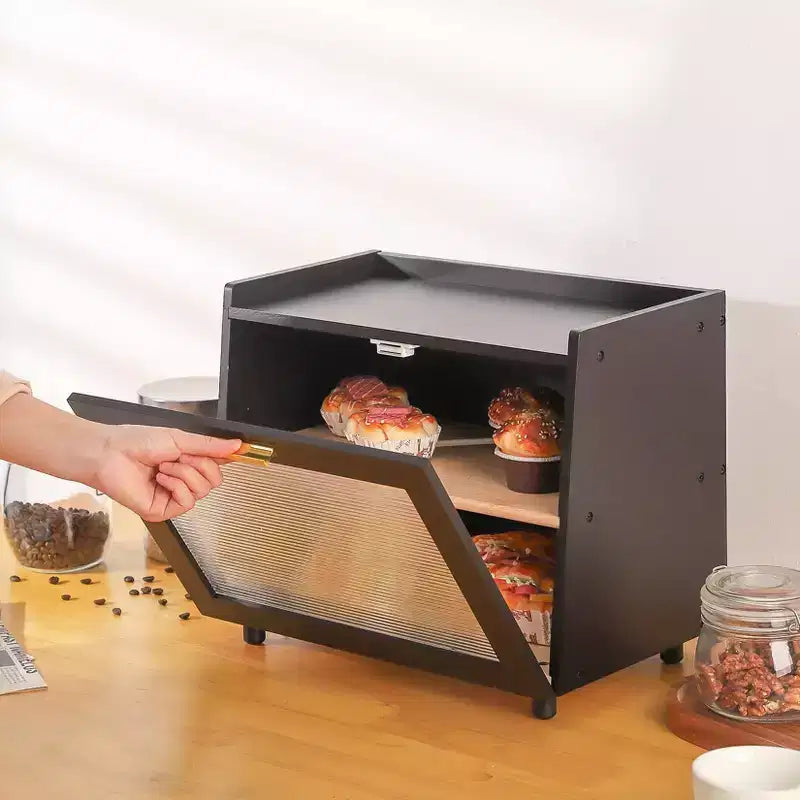 Boîte à pain double couche en bambou avec fenêtre | Rangement de pain pour comptoir de cuisine
