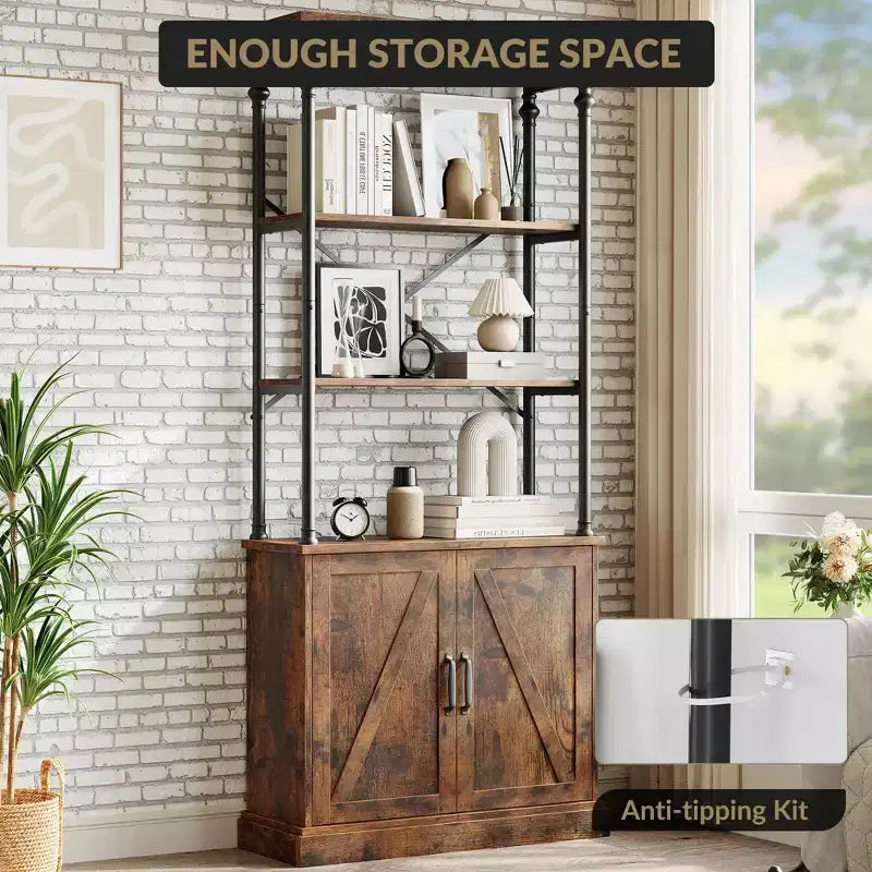73" (1,85 m) de haut | Étagère à 3 niveaux avec armoire | Cadre métallique, présentoir de rangement marron