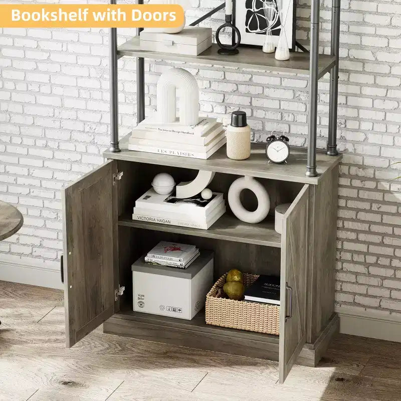 73" (1,85 m) de haut | Étagère à 3 niveaux avec armoire | Cadre métallique, présentoir de rangement marron