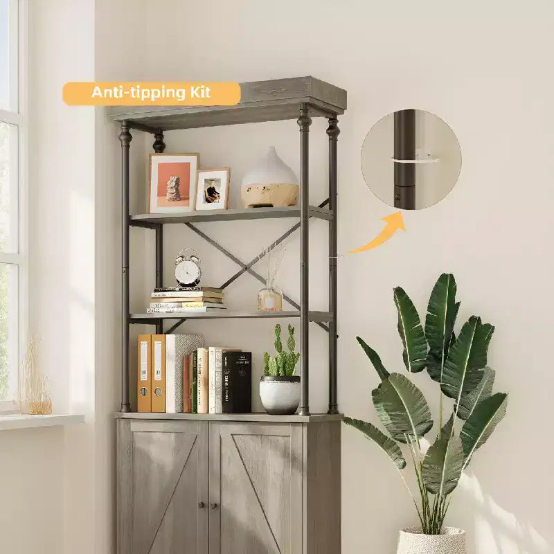73" (1,85 m) de haut | Étagère à 3 niveaux avec armoire | Cadre métallique, présentoir de rangement marron