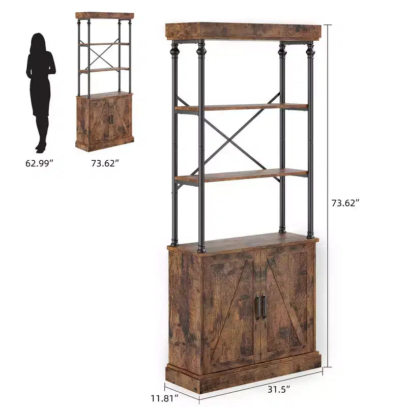 73" (1,85 m) de haut | Étagère à 3 niveaux avec armoire | Cadre métallique, présentoir de rangement marron