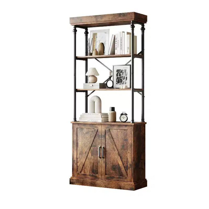 73" (1,85 m) de haut | Étagère à 3 niveaux avec armoire | Cadre métallique, présentoir de rangement marron