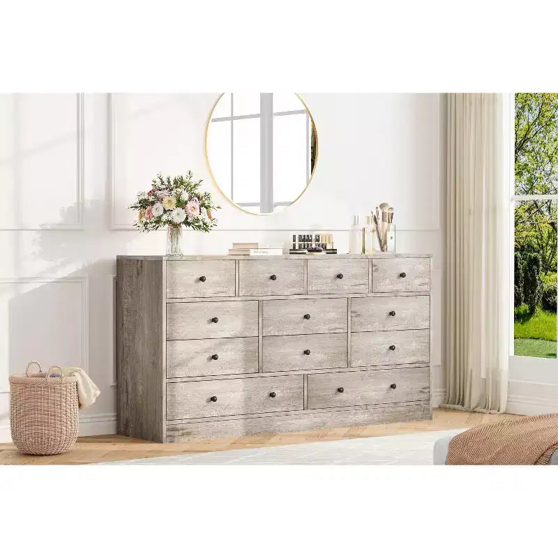 Commode en bois 12 tiroirs de 61 po | Glissières métalliques, haute commode moderne pour chambre à coucher