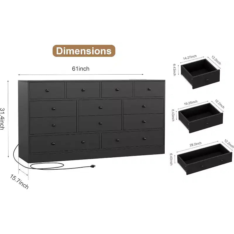 Commode en bois 12 tiroirs de 61 po | Glissières métalliques, haute commode moderne pour chambre à coucher