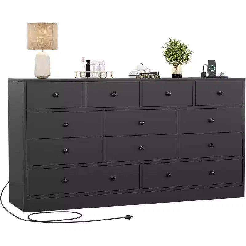Commode en bois 12 tiroirs de 61 po | Glissières métalliques, haute commode moderne pour chambre à coucher