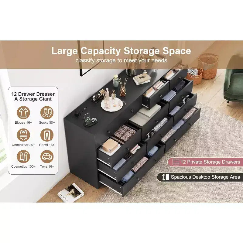 Commode en bois 12 tiroirs de 61 po | Glissières métalliques, haute commode moderne pour chambre à coucher