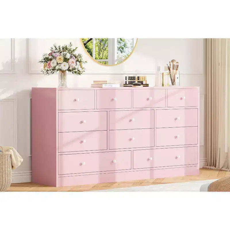 Commode en bois 12 tiroirs de 61 po | Glissières métalliques, haute commode moderne pour chambre à coucher