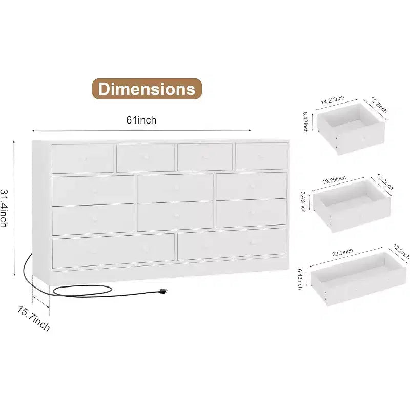 Commode en bois 12 tiroirs de 61 po | Glissières métalliques, haute commode moderne pour chambre à coucher