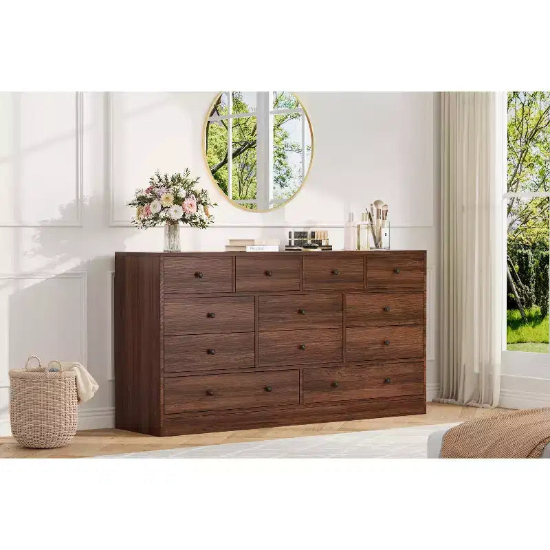 Commode en bois 12 tiroirs de 61 po | Glissières métalliques, haute commode moderne pour chambre à coucher