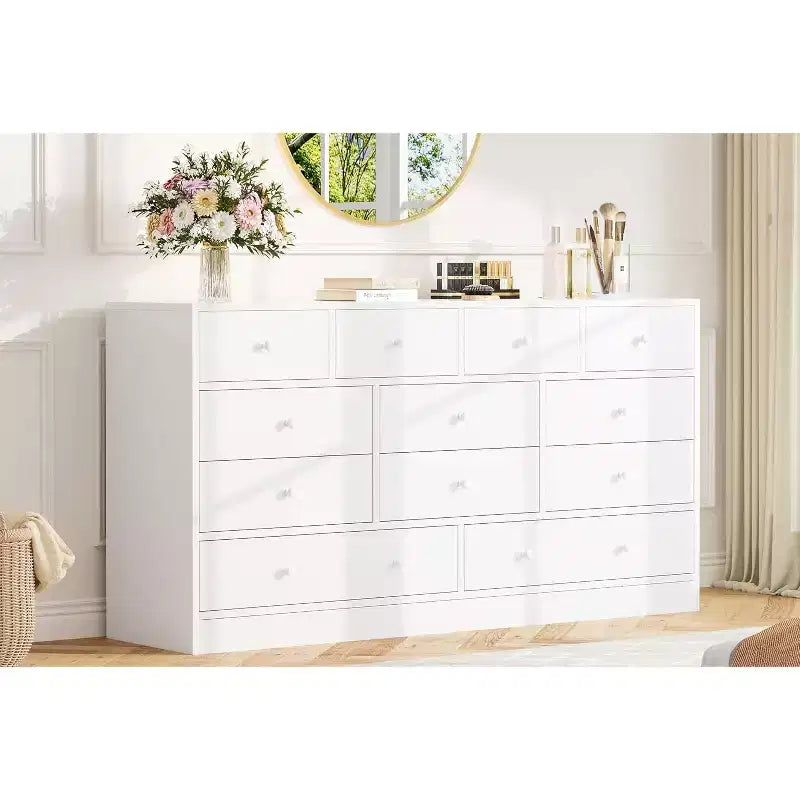 Commode en bois 12 tiroirs de 61 po | Glissières métalliques, haute commode moderne pour chambre à coucher