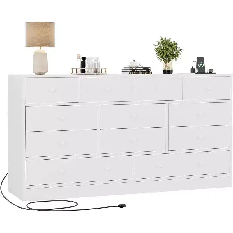 Commode en bois 12 tiroirs de 61 po | Glissières métalliques, haute commode moderne pour chambre à coucher