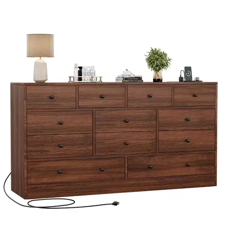 Commode en bois 12 tiroirs de 61 po | Glissières métalliques, haute commode moderne pour chambre à coucher