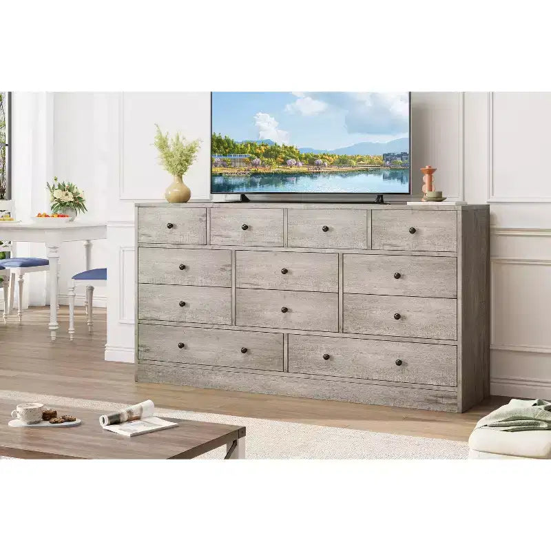 Commode en bois 12 tiroirs de 61 po | Glissières métalliques, haute commode moderne pour chambre à coucher