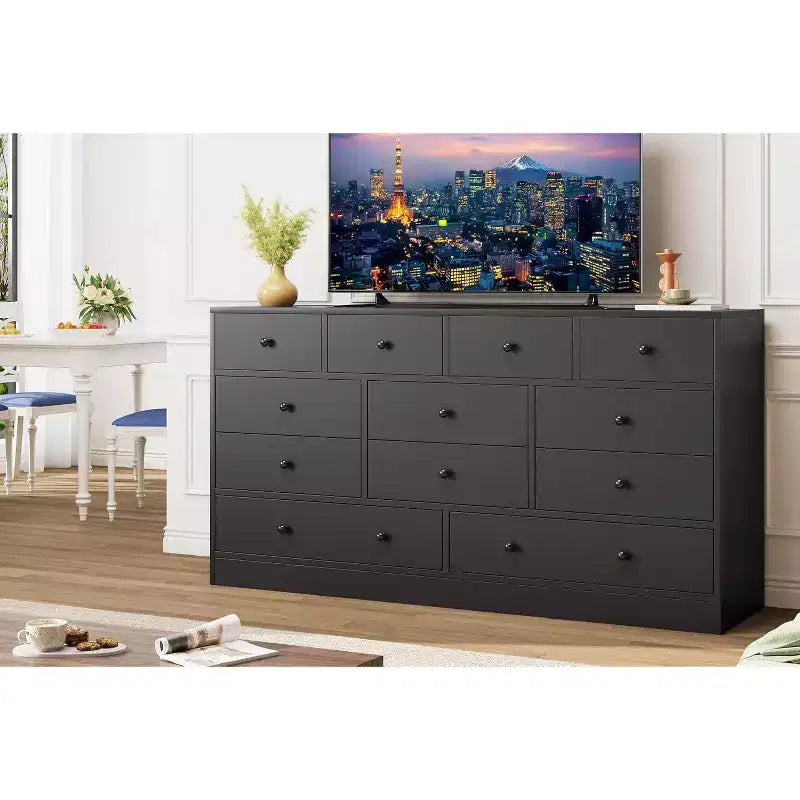 Commode en bois 12 tiroirs de 61 po | Glissières métalliques, haute commode moderne pour chambre à coucher