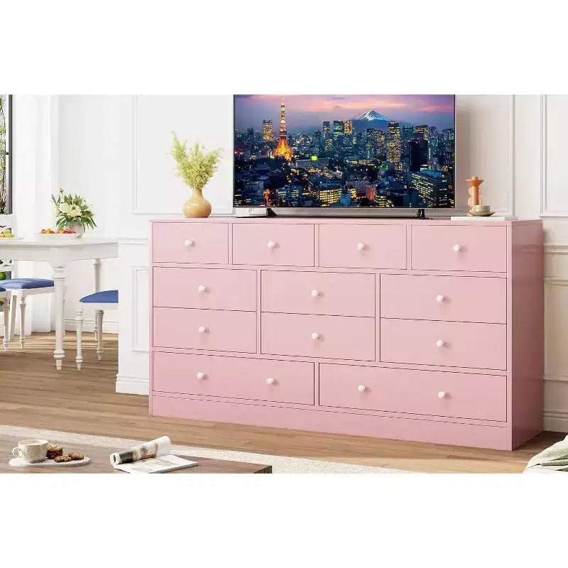 Commode en bois 12 tiroirs de 61 po | Glissières métalliques, haute commode moderne pour chambre à coucher
