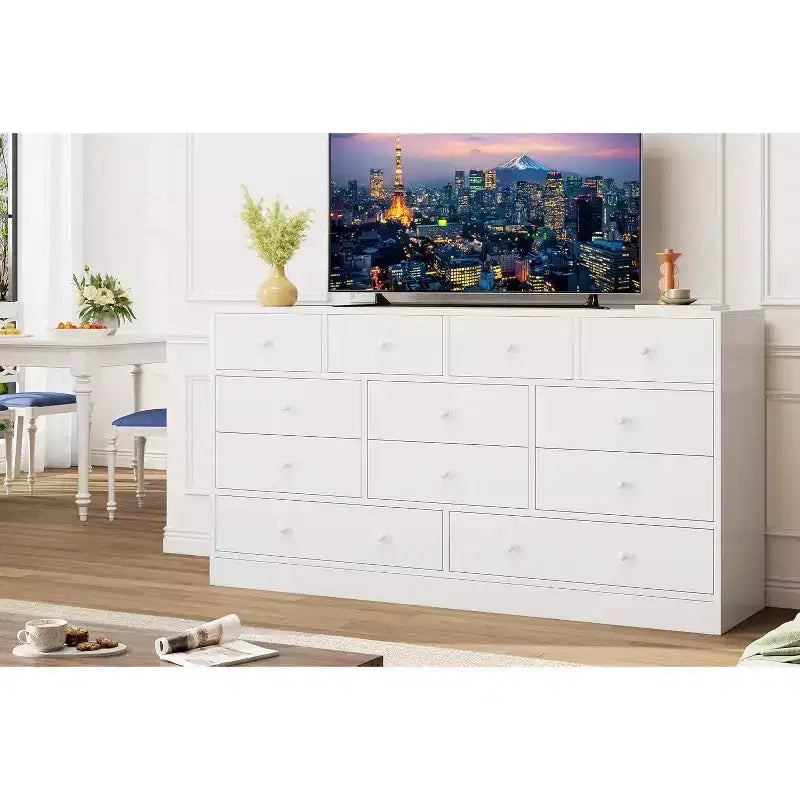 Commode en bois 12 tiroirs de 61 po | Glissières métalliques, haute commode moderne pour chambre à coucher