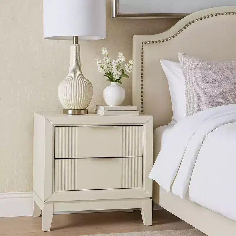 Table de chevet 2 tiroirs 27" | Table de chevet en bois massif blanc antique