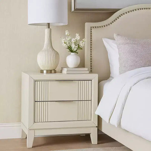 Table de chevet 2 tiroirs 27" | Table de chevet en bois massif blanc antique