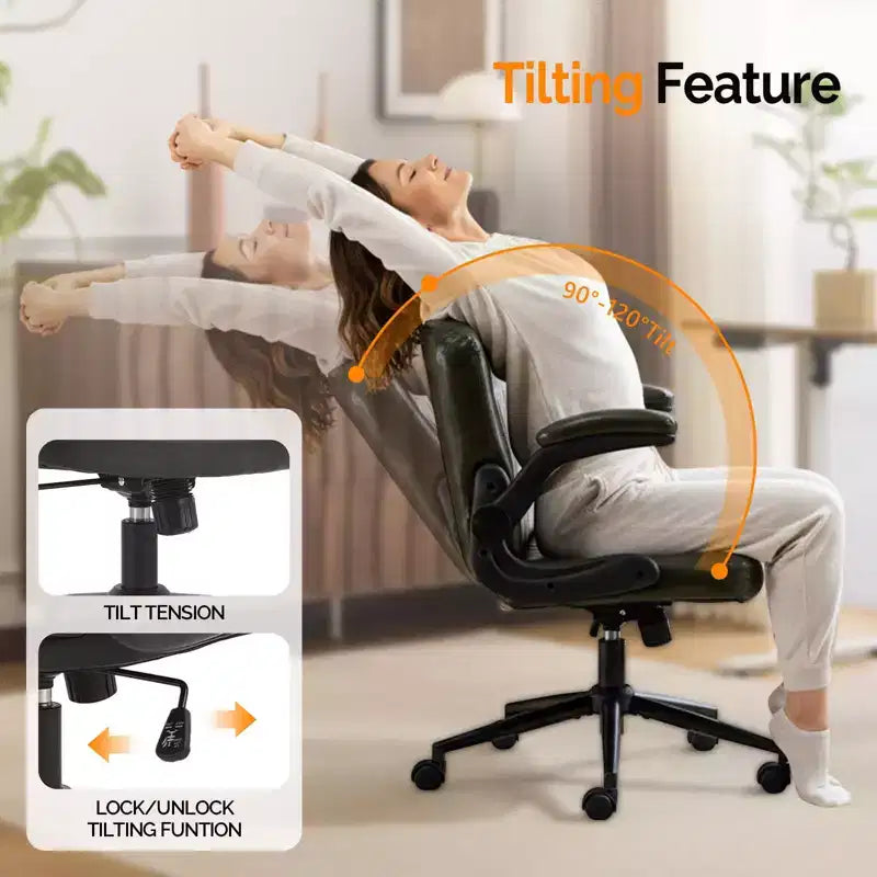 Chaise de bureau jambes croisées avec accoudoirs relevables et roulettes | Cuir PU, vert foncé
