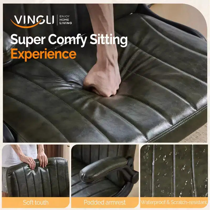 Chaise de bureau jambes croisées avec accoudoirs relevables et roulettes | Cuir PU, vert foncé