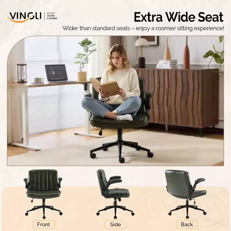 Chaise de bureau jambes croisées avec accoudoirs relevables et roulettes | Cuir PU, vert foncé