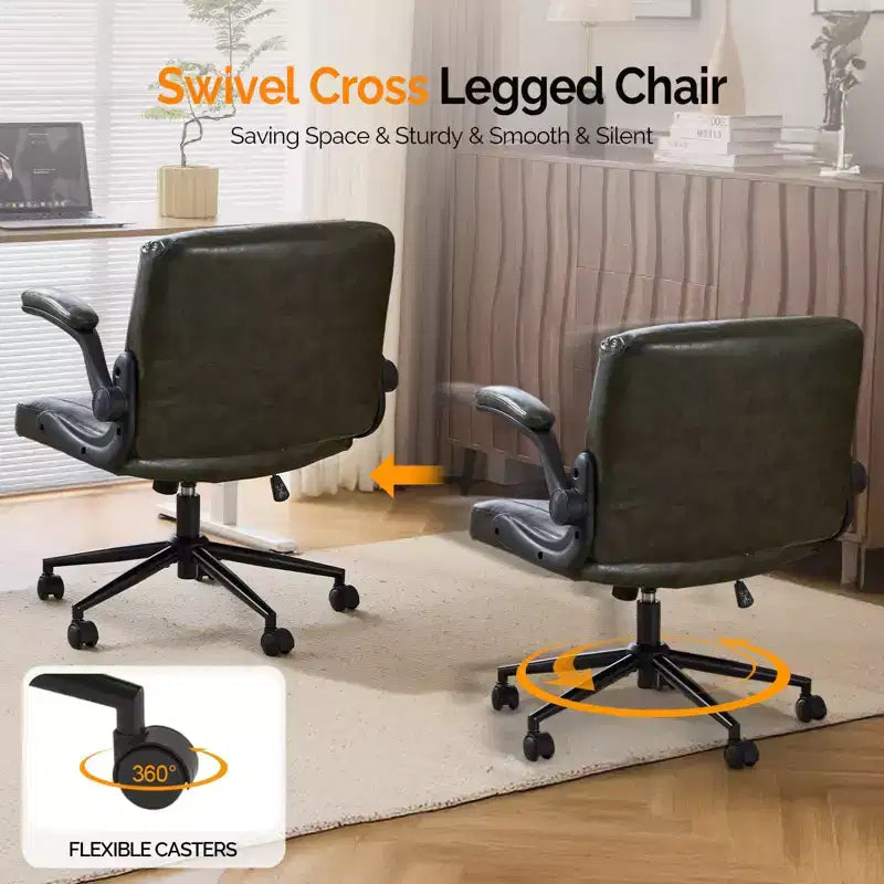Chaise de bureau jambes croisées avec accoudoirs relevables et roulettes | Cuir PU, vert foncé
