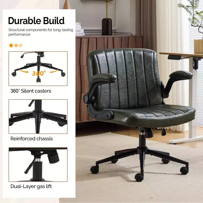 Chaise de bureau jambes croisées avec accoudoirs relevables et roulettes | Cuir PU, vert foncé