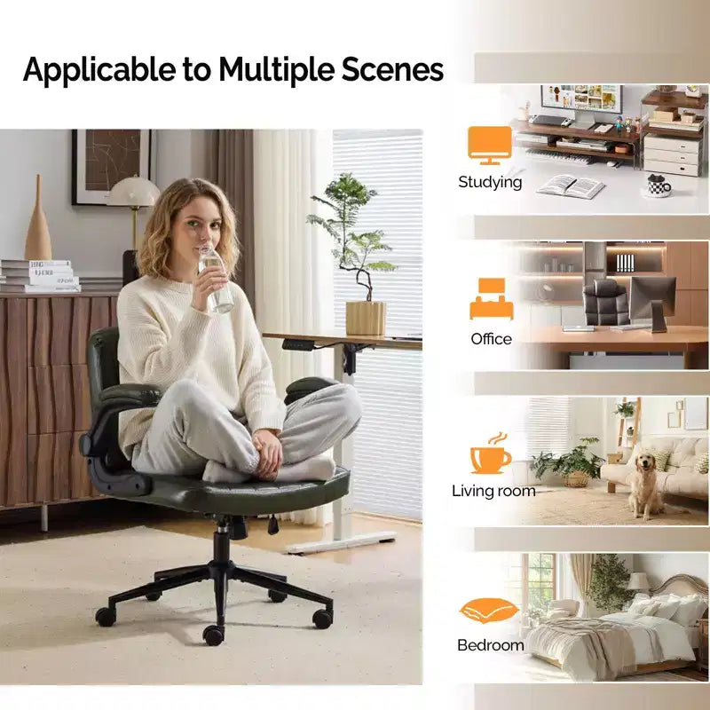 Chaise de bureau jambes croisées avec accoudoirs relevables et roulettes | Cuir PU, vert foncé