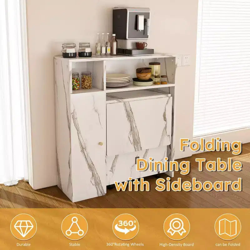 Table à manger pliable multifonctionnelle de 95 cm avec roulettes | 4 places, rangement