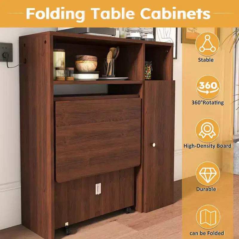 Table à manger pliable multifonctionnelle de 95 cm avec roulettes | 4 places, rangement