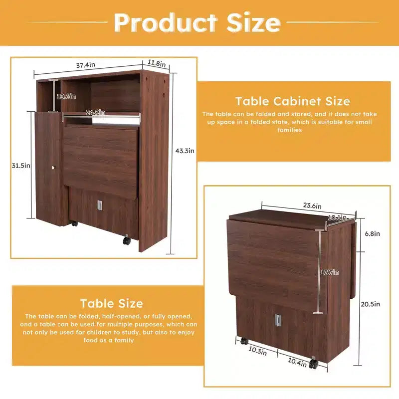 Table à manger pliable multifonctionnelle de 95 cm avec roulettes | 4 places, rangement