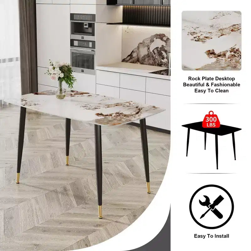 Table à manger rectangulaire moderne 127 cm | Plateau en pierre frittée, blanc