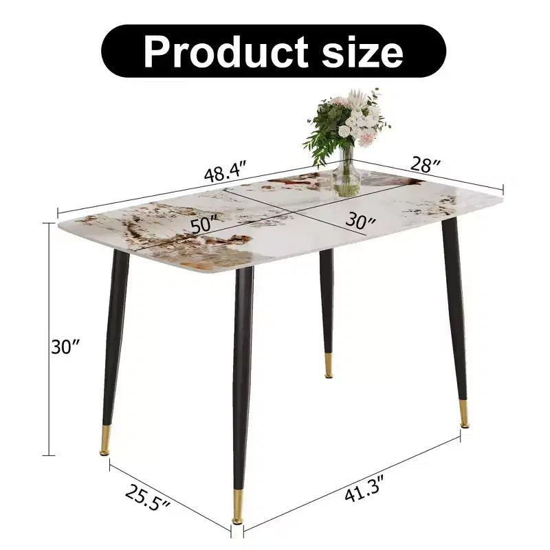 Table à manger rectangulaire moderne 127 cm | Plateau en pierre frittée, blanc
