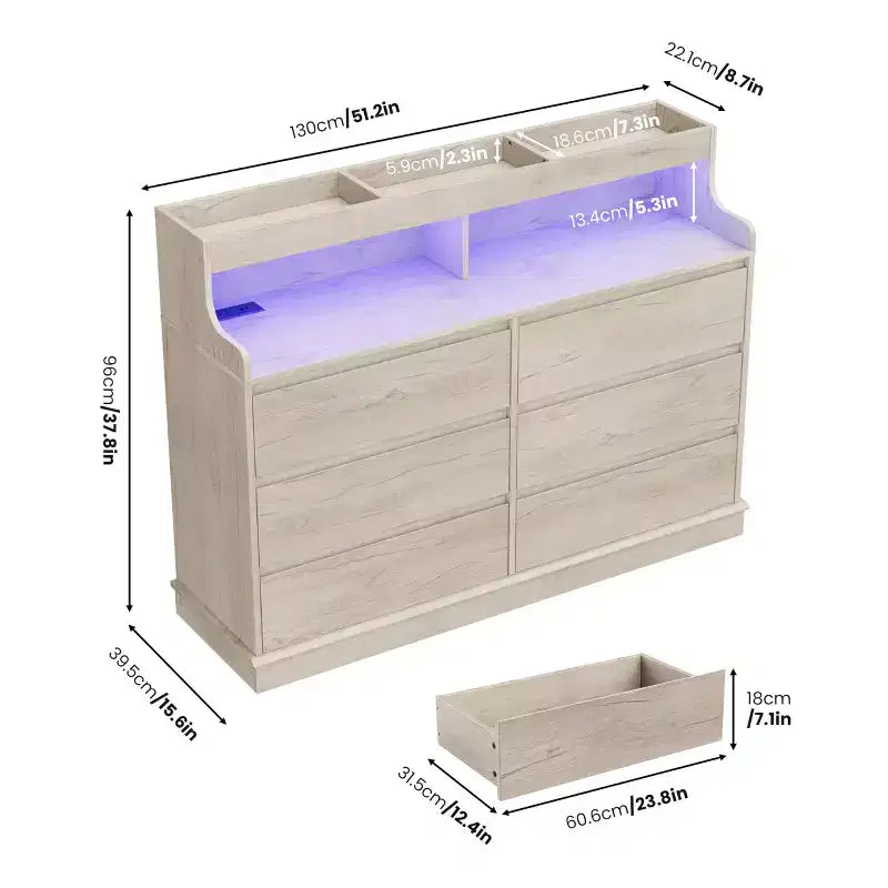 Commode 6 tiroirs en chêne | Lumières LED RGB et station de charge, rangement de chambre