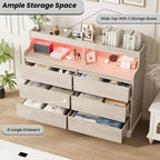 Commode 6 tiroirs en chêne | Lumières LED RGB et station de charge, rangement de chambre