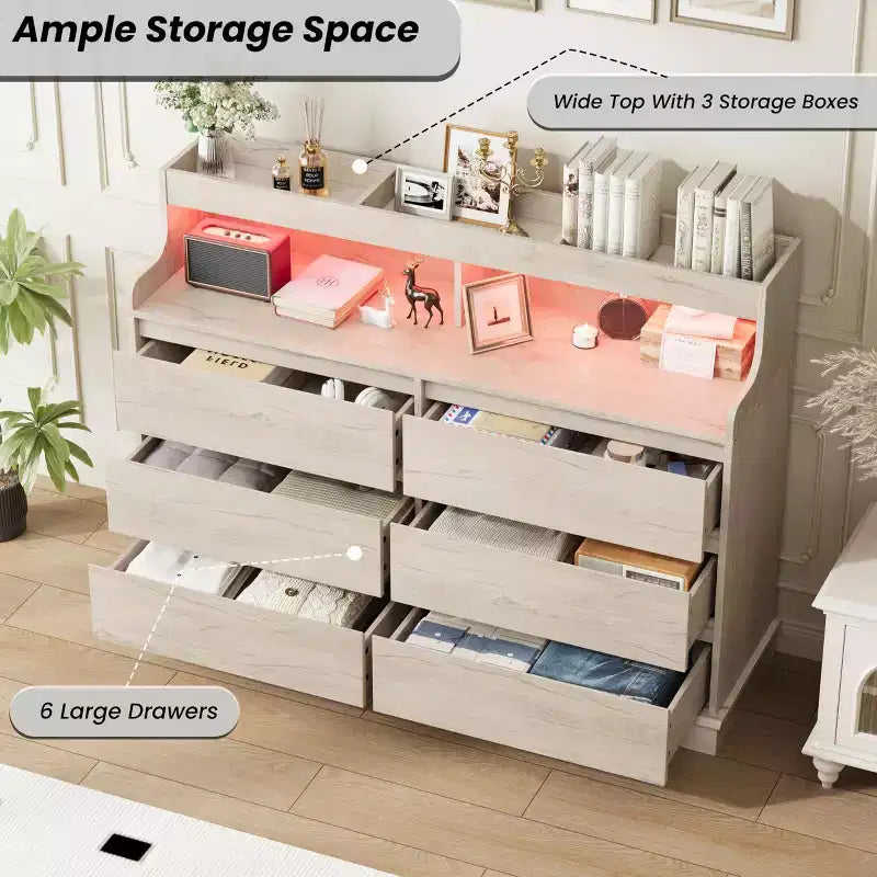Commode 6 tiroirs en chêne | Lumières LED RGB et station de charge, rangement de chambre