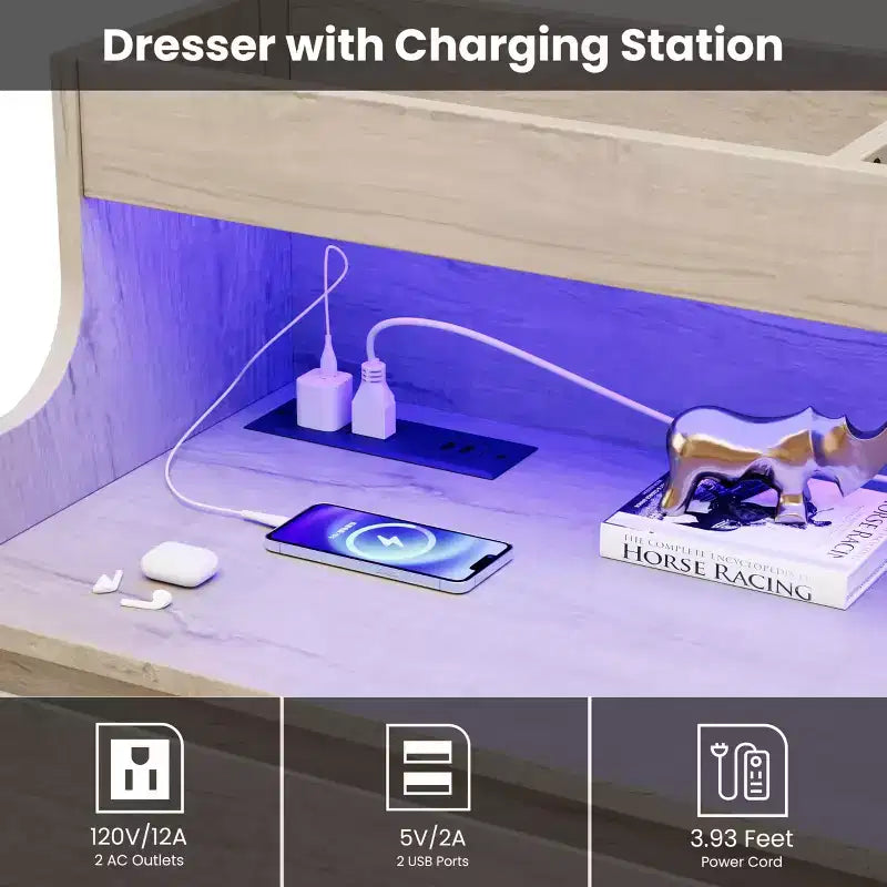 Commode 6 tiroirs en chêne | Lumières LED RGB et station de charge, rangement de chambre