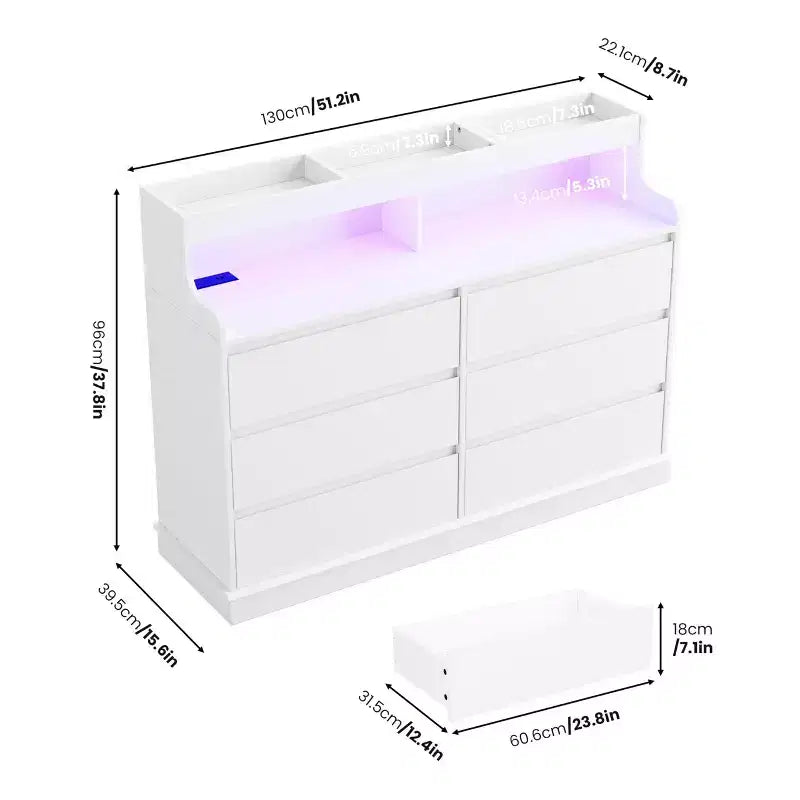 Commode 6 tiroirs en chêne | Lumières LED RGB et station de charge, rangement de chambre