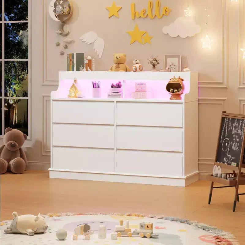 Commode 6 tiroirs en chêne | Lumières LED RGB et station de charge, rangement de chambre