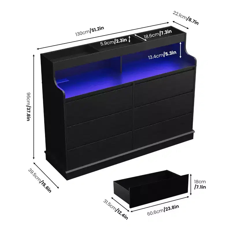 Commode 6 tiroirs en chêne | Lumières LED RGB et station de charge, rangement de chambre