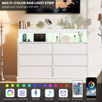 Commode 6 tiroirs en chêne | Lumières LED RGB et station de charge, rangement de chambre