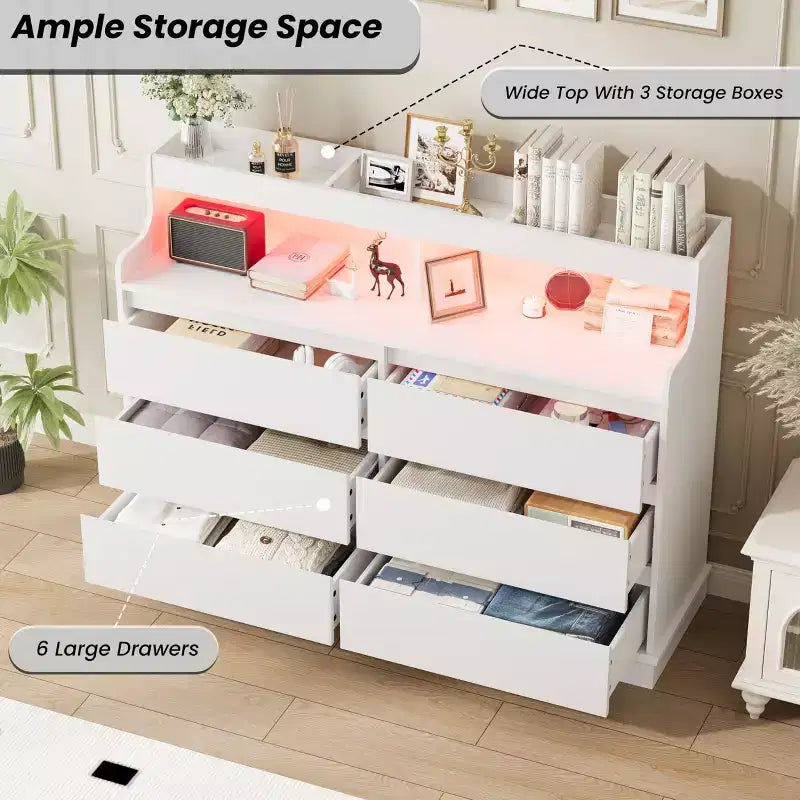 Commode 6 tiroirs en chêne | Lumières LED RGB et station de charge, rangement de chambre