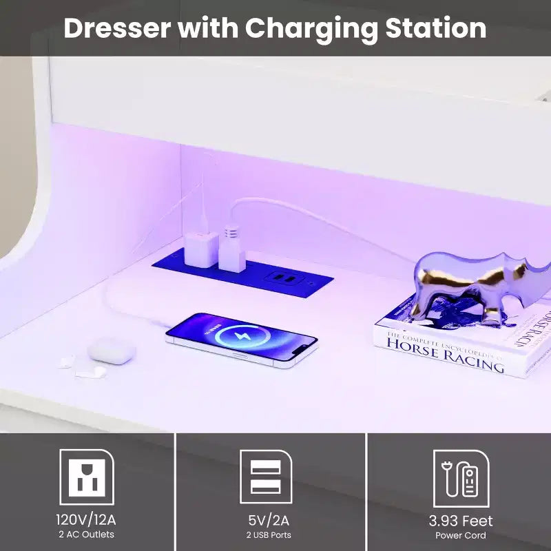 Commode 6 tiroirs en chêne | Lumières LED RGB et station de charge, rangement de chambre