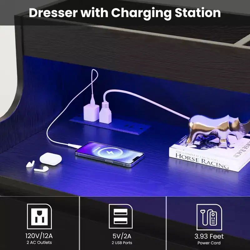 Commode 6 tiroirs en chêne | Lumières LED RGB et station de charge, rangement de chambre