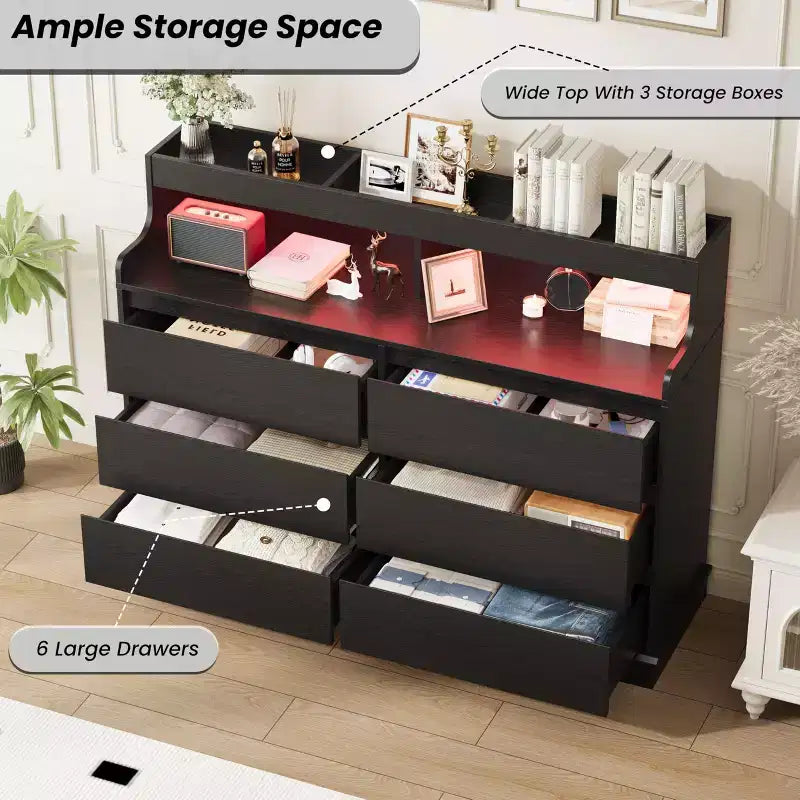 Commode 6 tiroirs en chêne | Lumières LED RGB et station de charge, rangement de chambre